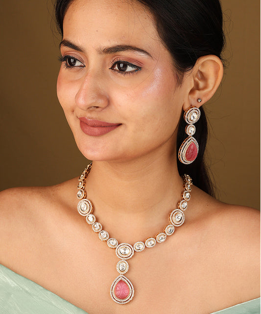 Gold Plated Necklace with Circle Transparent Stones and Pink Pendant Set