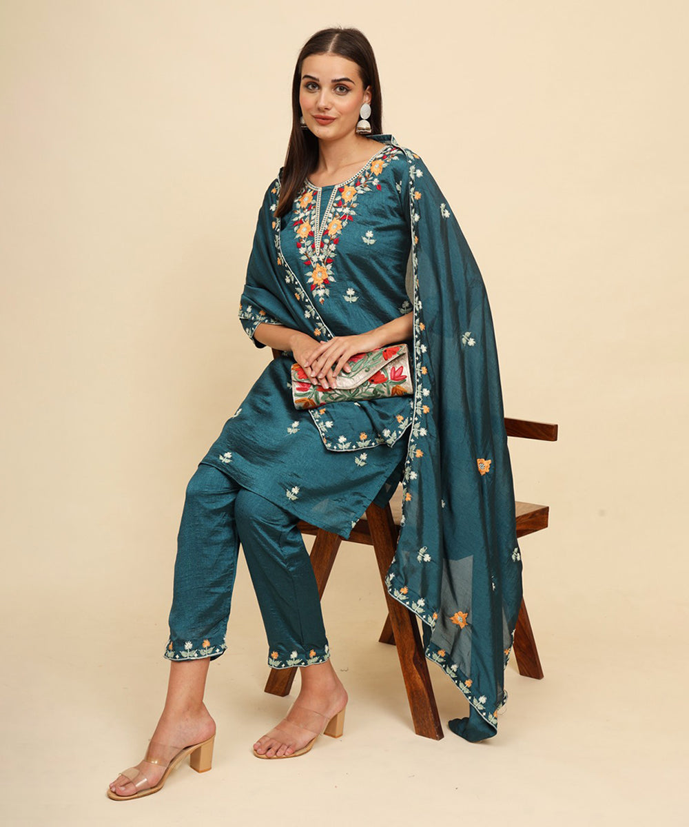 Kurta Set Green Silk Blend Embroidered with Pant and Dupatta