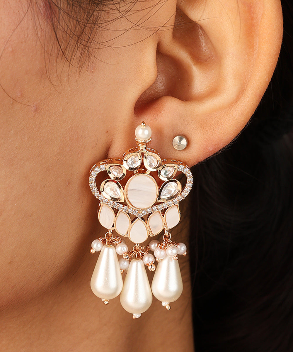 Curvy Pendant Necklace with Miniature White Bead Chain and Raindrop Jhumkis