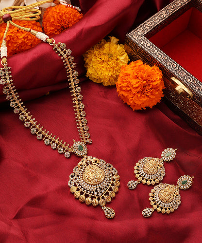 Gold Plated South Temple Style Necklace Set with American Stone Studded Lakshmi Motif Pendant