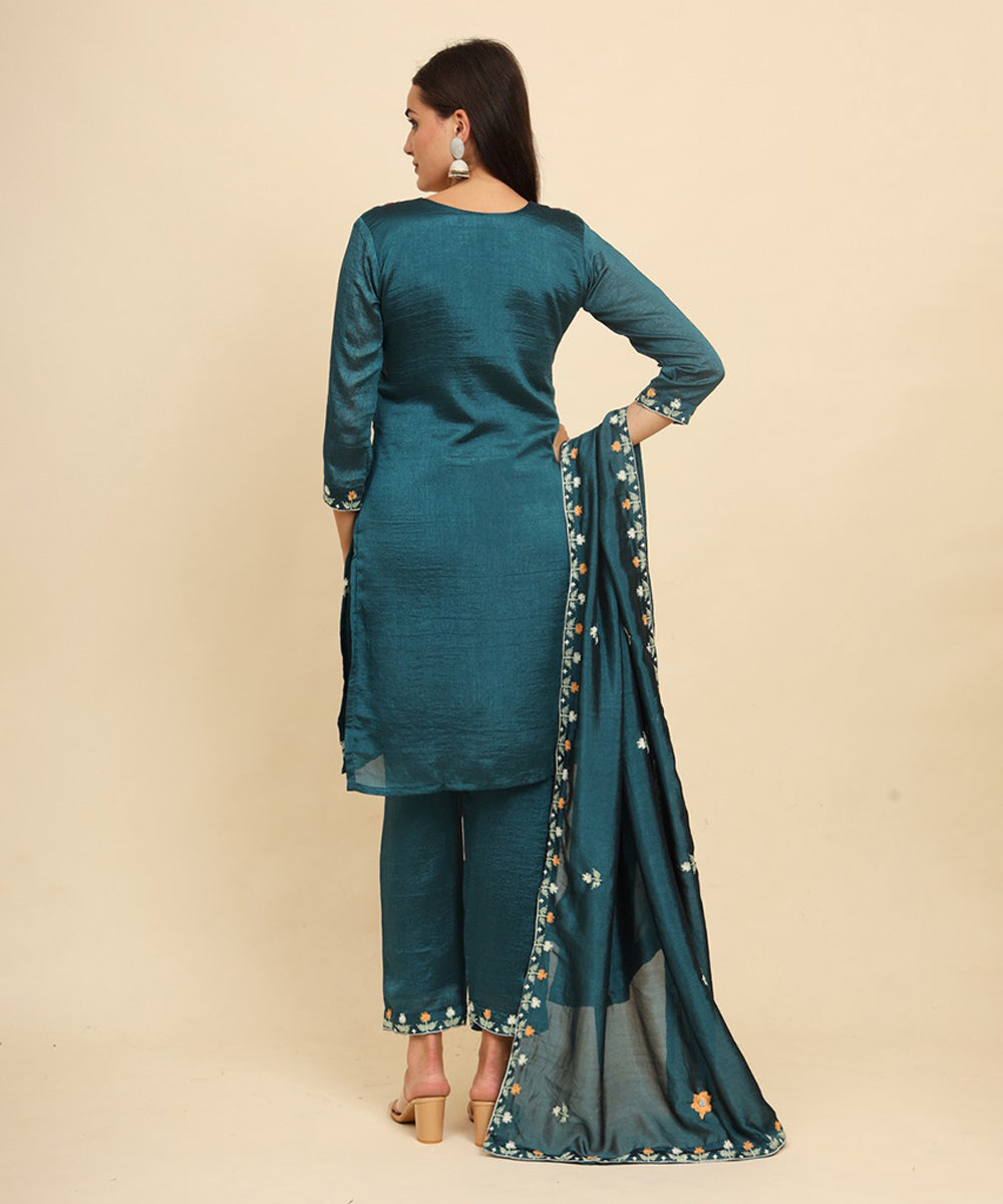 Kurta Set Green Silk Blend Embroidered with Pant and Dupatta