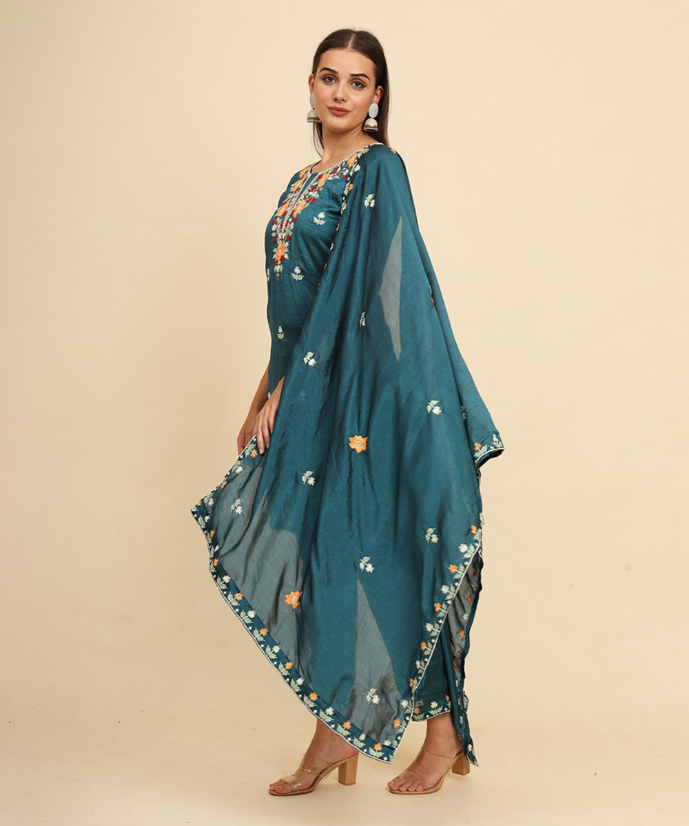 Kurta Set Green Silk Blend Embroidered with Pant and Dupatta
