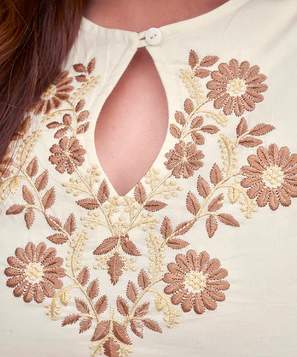 Kurta Set White Cotton Embroidered with Pant and Dupatta