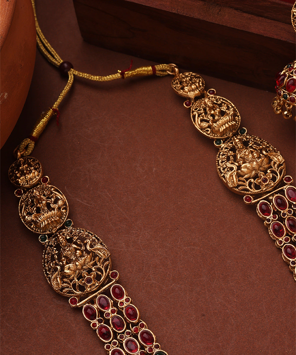 Three Layer Temple Jewellery Necklace Set with Red and Green Stone Studs