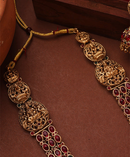 Three Layer Temple Jewellery Necklace Set with Red and Green Stone Studs