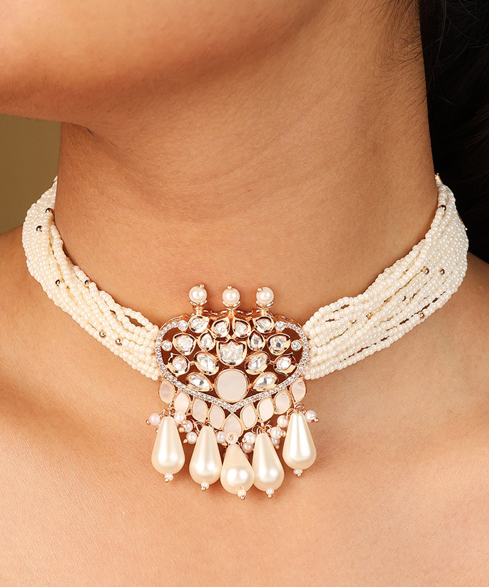 Curvy Pendant Necklace with Miniature White Bead Chain and Raindrop Jhumkis