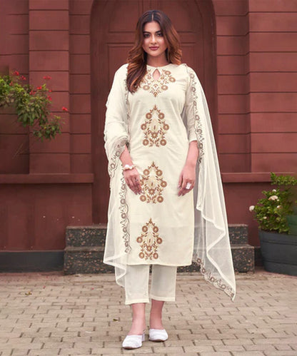 Kurta Set White Cotton Embroidered with Pant and Dupatta