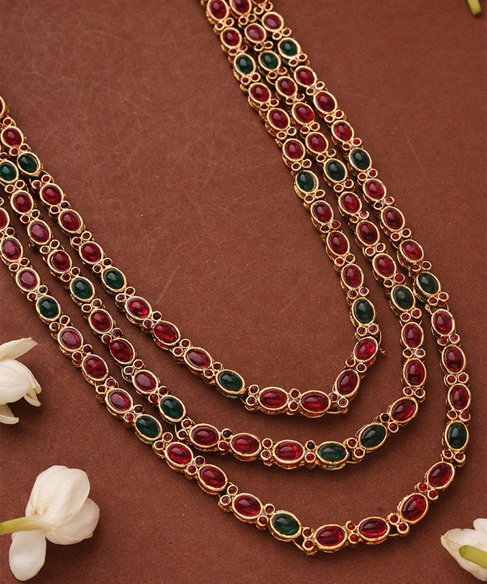 Three Layer Temple Jewellery Necklace Set with Red and Green Stone Studs