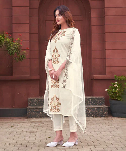 Kurta Set White Cotton Embroidered with Pant and Dupatta