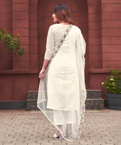 Kurta Set White Cotton Embroidered with Pant and Dupatta