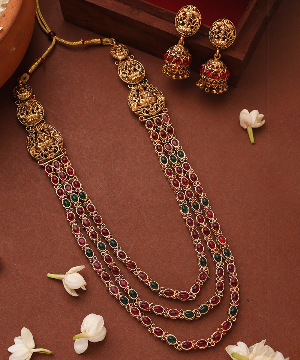Three Layer Temple Jewellery Necklace Set with Red and Green Stone Studs