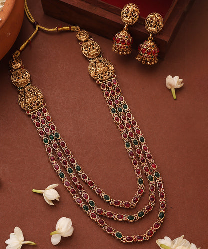 Three Layer Temple Jewellery Necklace Set with Red and Green Stone Studs