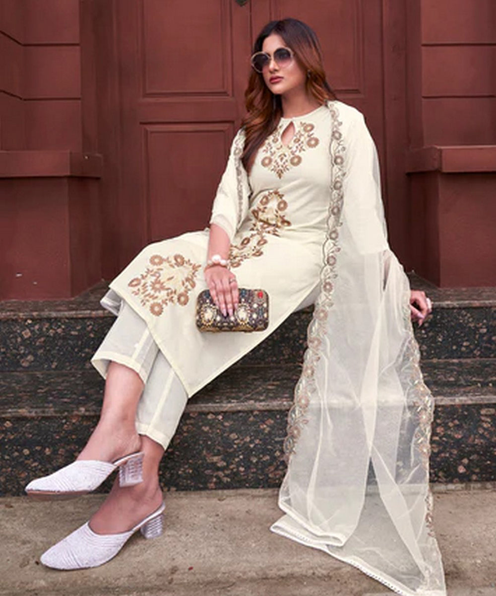Kurta Set White Cotton Embroidered with Pant and Dupatta