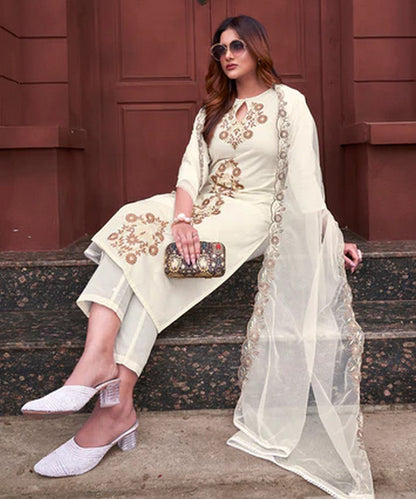 Kurta Set White Cotton Embroidered with Pant and Dupatta