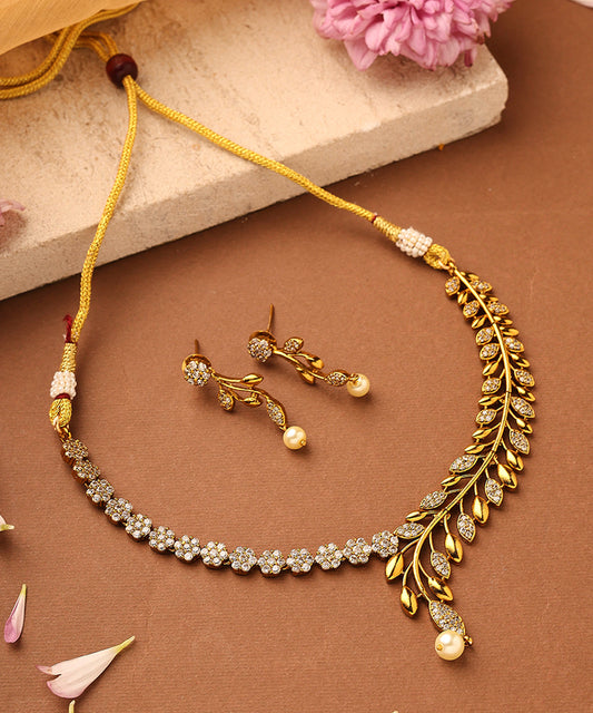 Gold Plated American Stone Studded Necklace with Leaf and Floral Motif Design