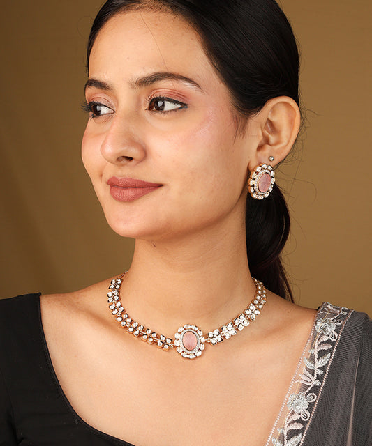Gold Plated Flower Pendant Necklace with Pastel Pink Stone and Matching Earrings