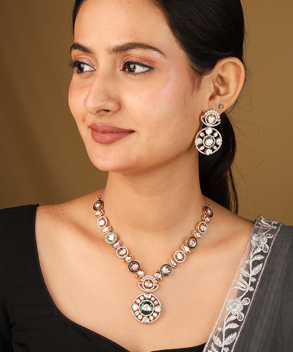 Colourful Borderline Necklace with Circle Pendant and Matching Earrings