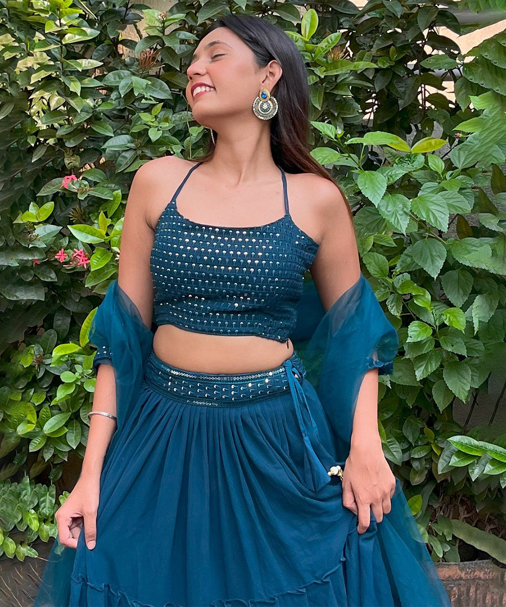 Lehenga Choli Blue Georgette Embroidered with Dupatta Unstitched