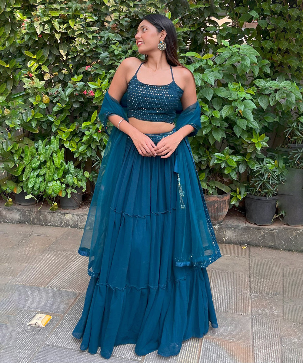 Lehenga Choli Blue Georgette Embroidered with Dupatta Unstitched