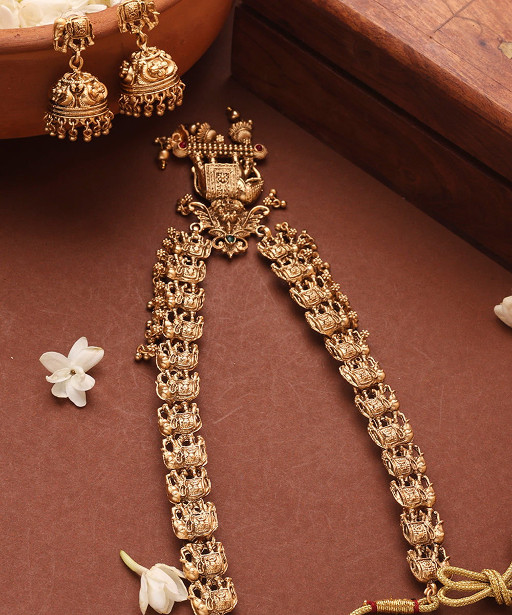 Gold Plated Long Necklace Set with Elephant Motif Pendant