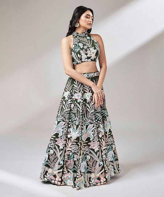 Lehenga Olive Net Sequin Work with Dupatta & Unstitched Blouse Unstitched