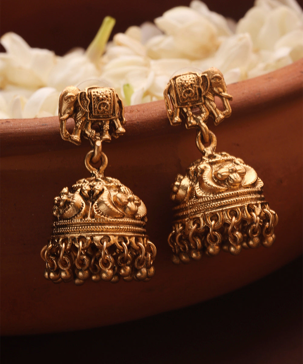 Gold Plated Long Necklace Set with Elephant Motif Pendant