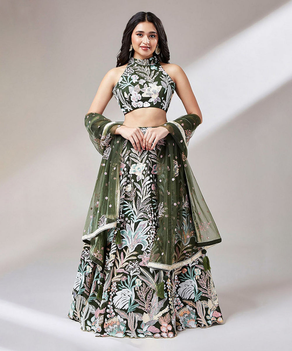Lehenga Olive Net Sequin Work with Dupatta & Unstitched Blouse Unstitched