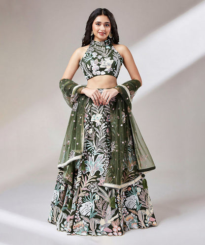 Lehenga Olive Net Sequin Work with Dupatta & Unstitched Blouse Unstitched