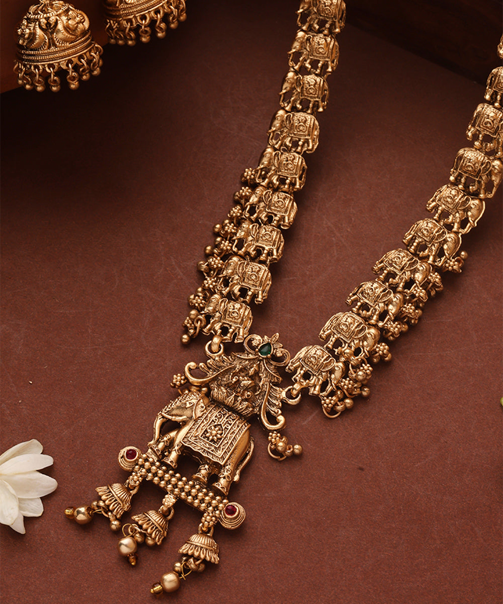 Gold Plated Long Necklace Set with Elephant Motif Pendant