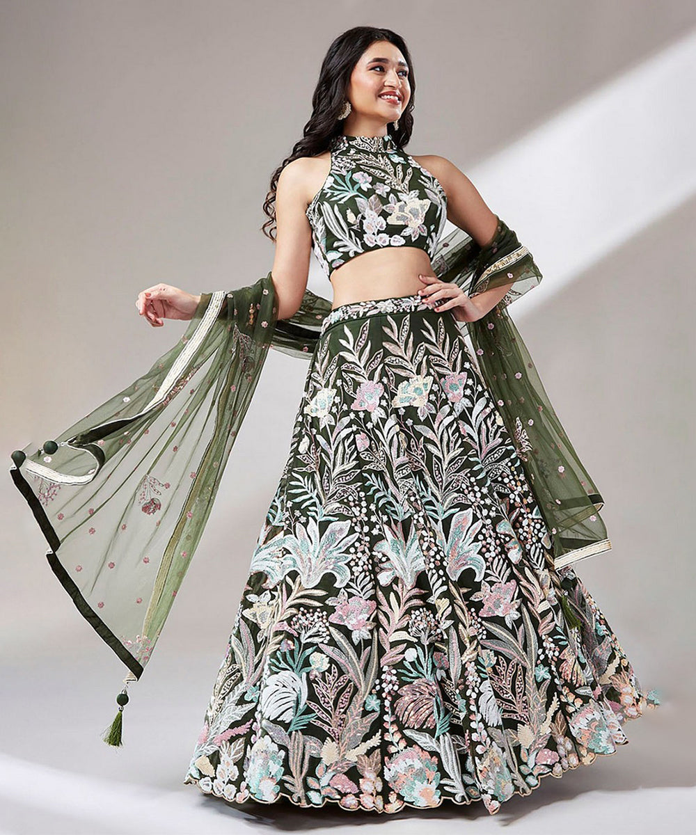 Lehenga Olive Net Sequin Work with Dupatta & Unstitched Blouse Unstitched
