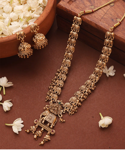 Gold Plated Long Necklace Set with Elephant Motif Pendant