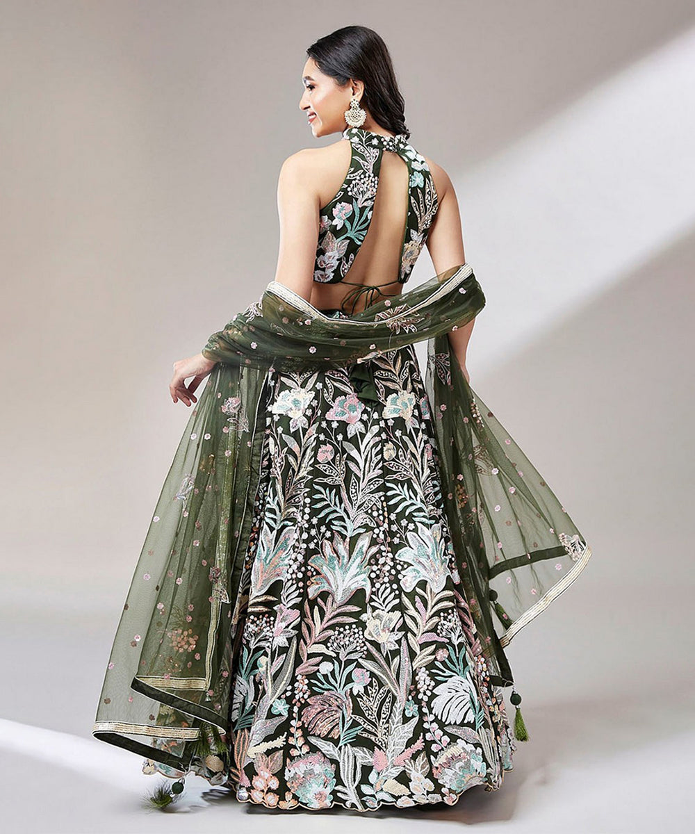 Lehenga Olive Net Sequin Work with Dupatta & Unstitched Blouse Unstitched