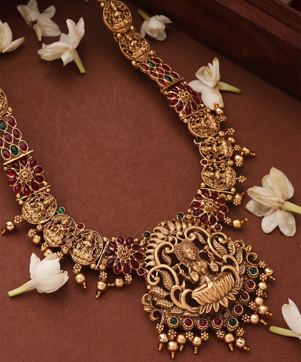 Gold Plated Temple jewellery Necklace Set with Green Drops