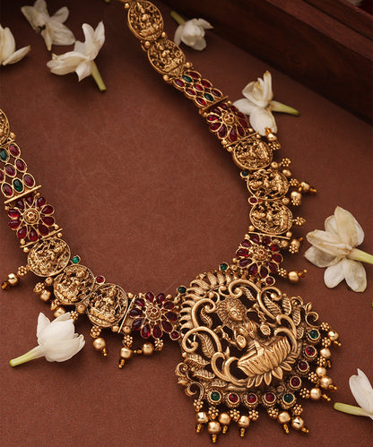 Gold Plated Temple jewellery Necklace Set with Green Drops