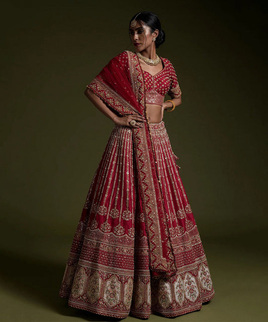Lehenga Choli Red Bridal Silk with Sequins Work & Dupatta Unstitched