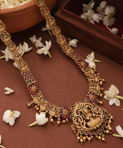 Gold Plated Temple jewellery Necklace Set with Green Drops