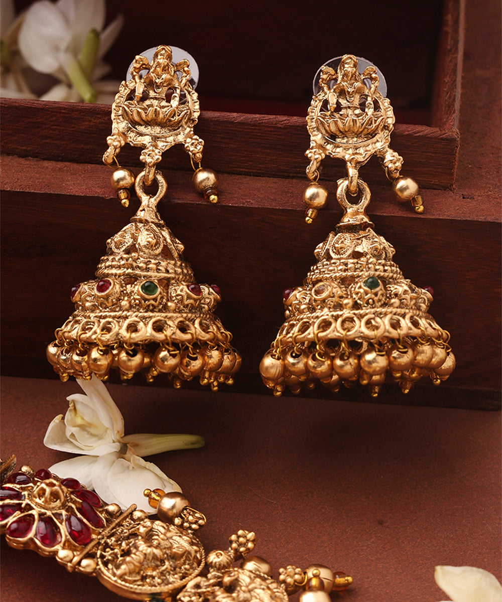 Gold Plated Temple jewellery Necklace Set with Green Drops