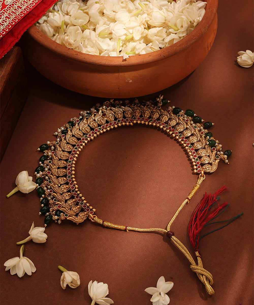 Gold Plated Temple jewellery Necklace Set with Green Drops