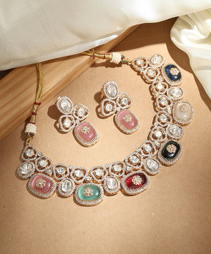Multi colour Stone Necklace with Transparent Accents and Matching Earrings