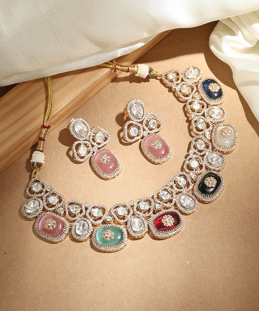 Multi colour Stone Necklace with Transparent Accents and Matching Earrings