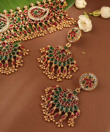 Gold Plated Stone Studded Round and Kari Motif Shape Choker Necklace