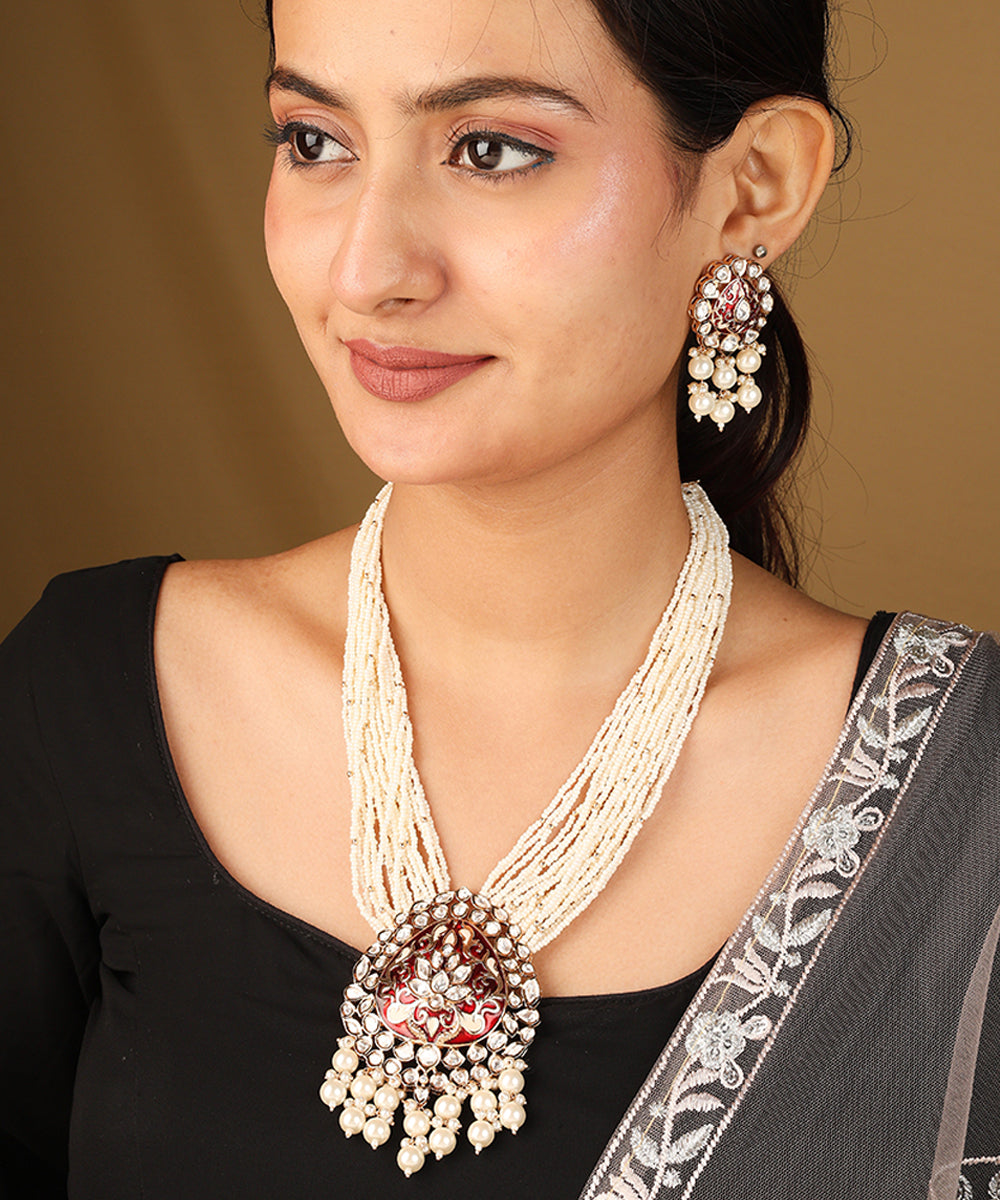 Stunning Raindrop Pendant Necklace with Red and Transparent Stones and Pearl Jhumkis