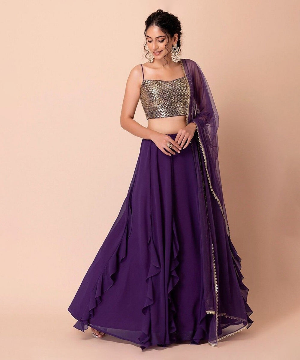 Lehenga Choli Purple Georgette Party Wear with Sequins Choli Unstitched
