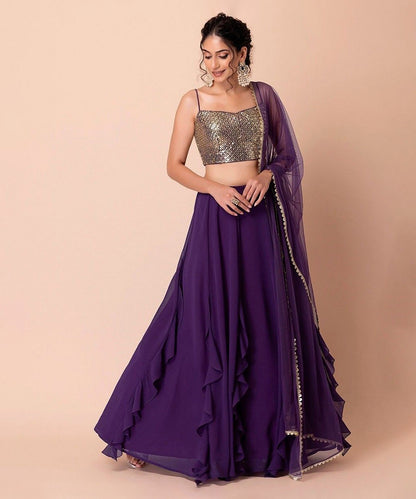 Lehenga Choli Purple Georgette Party Wear with Sequins Choli Unstitched