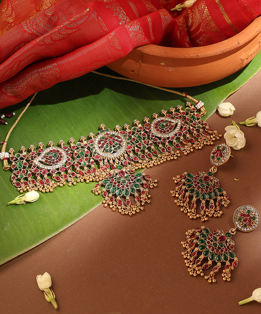 Gold Plated Stone Studded Round and Kari Motif Shape Choker Necklace