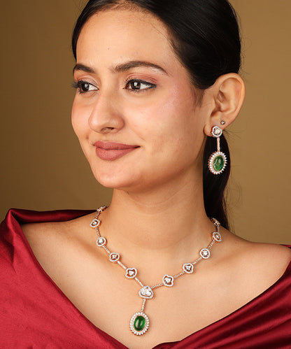 Necklace with Oval Transparent Stones and Dark Green Pendant Set