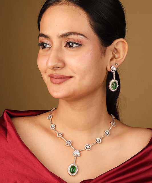 Necklace with Oval Transparent Stones and Dark Green Pendant Set
