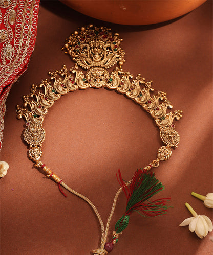 Gold Plated Temple jewellery Necklace Set with Green Drops