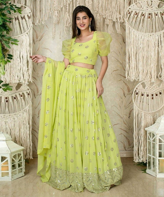 Lehenga Choli Yellow Sequins Georgette Wedding Wear Unstitched