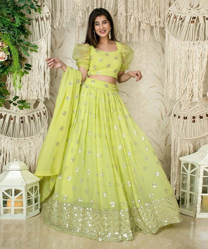 Lehenga Choli Yellow Sequins Georgette Wedding Wear Unstitched